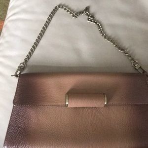 BCBG Brown Leather Clutch with Chain Strap